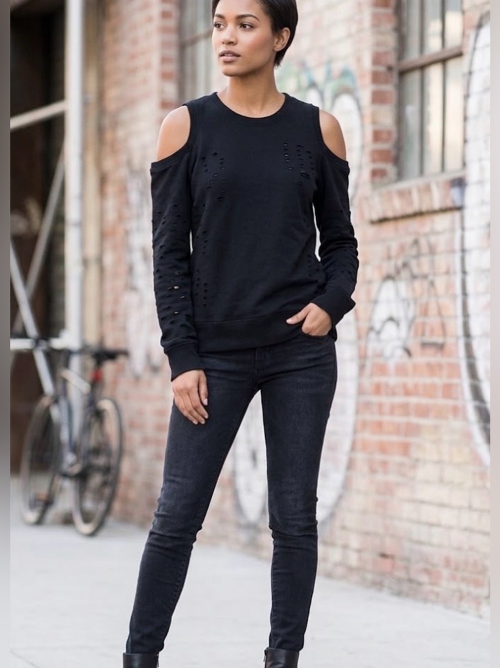 Women's Black Cold Shoulder Distressed Sweatshirt – Full Back Zipper Edgy Pullov